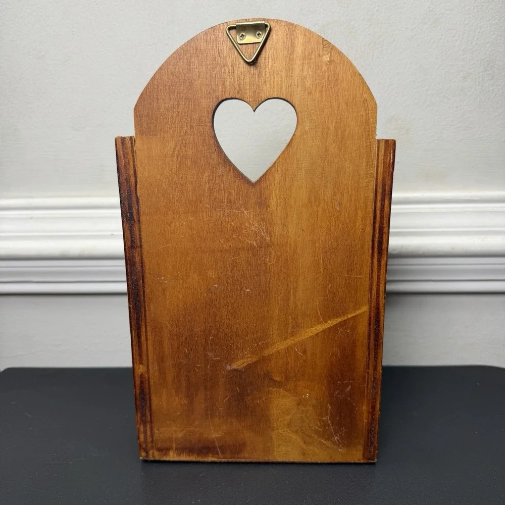 VTG Handmade Wood Heart Wall Pocket Shelf Mail Country Cottagecore Grape Vine